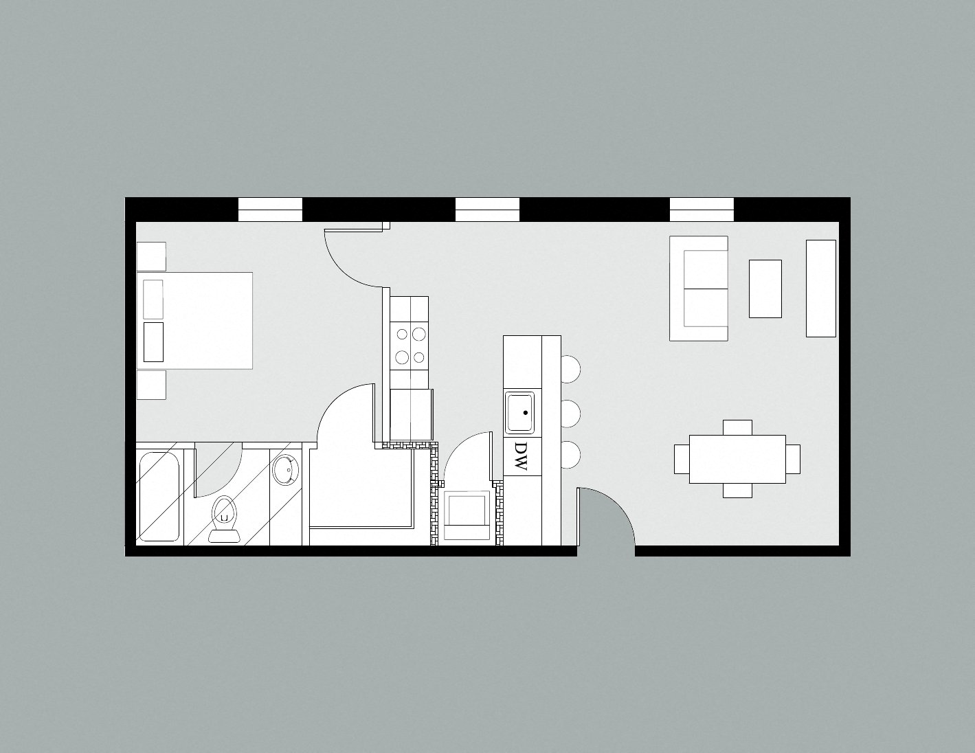 Floor plan for 1 bed, 1 bath, 700 sqft